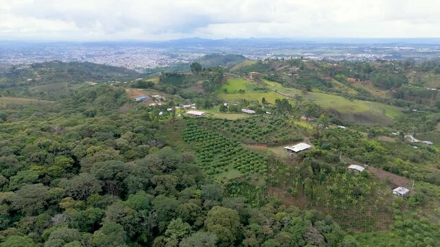 This aerial frame shows vibrant green fields surrounded by dense trees with a distant view of urban Popay&aacute;n under a cloudy sky.