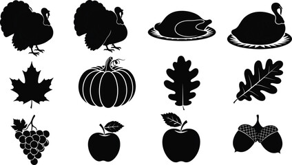 Black Thanksgiving silhouette vector icon set featuring turkey pumpkin autumn maple oak leaves grapes apples and acorns isolated on white background for seasonal harvest design (24 words) © Mstmaymunakhatun