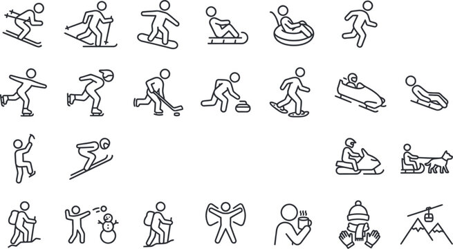 Collection of diverse sports and physical activity icons featuring minimalist stick figures Vector