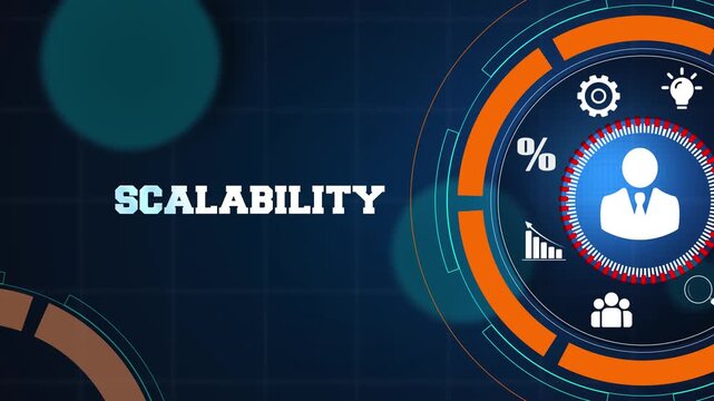 Business scalability and organizational growth strategy concept on a high tech digital blue background with glowing icons for professional corporate success