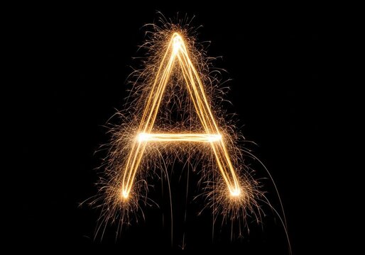 Glowing Sparkler Letter A on Black Background &ndash; Golden Firework Light Painting Alphabet for New Year, Party Celebration, Festive Poster and Creative Typography Design

