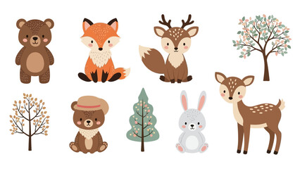 Fototapeta premium Collection of cute cartoon forest animals and trees