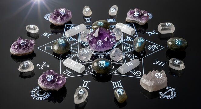 Astrology crystals and zodiac symbols arrangement.