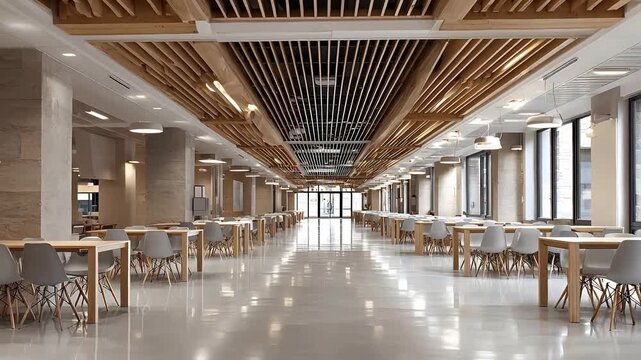 Modern empty cafeteria features a wooden slat ceiling, symmetrical rows of tables, polished floor reflecting lights, and clean spacious look.