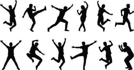 Silhouettes of energetic people jumping and dancing in various dynamic poses on a white background Vector