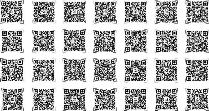 Grid of multiple black and white QR codes, each uniquely labeled (e.g., Q1, R2, S3) in a sequential pattern, representing digital data, information, and technology.