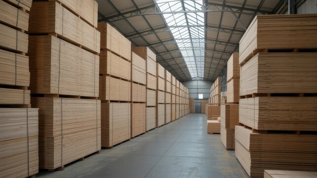 Large industrial warehouse filled with tall stacks of plywood boards and lumber for construction