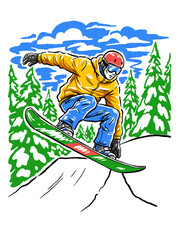 Naklejka premium Dynamic snowboarder vector illustration. Winter mountain sport jump graphic. Extreme adventure lifestyle artwork. Snowboarding action design.