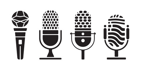 Modern microphone icons including handheld and condenser styles for digital audio recording needs © Creative_Aminur