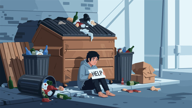 Homeless young man sitting on a city street next to dumpsters holding a sign asking for help shows social issues.