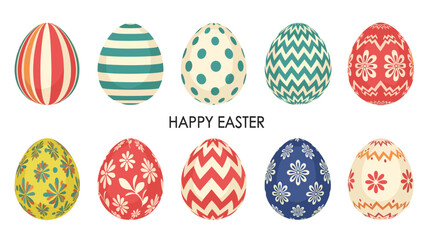 Fototapeta premium Set of ten decorative Easter eggs featuring various colorful patterns like stripes, polka dots, chevrons, and floral designs on a white background.