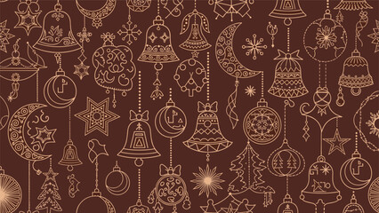 Seamless vintage pattern featuring hand drawn Christmas ornaments like bells, stars, and moons on a dark brown background.