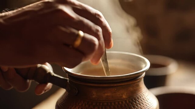 Hand stirring hot steaming coffee in traditional copper cezve
