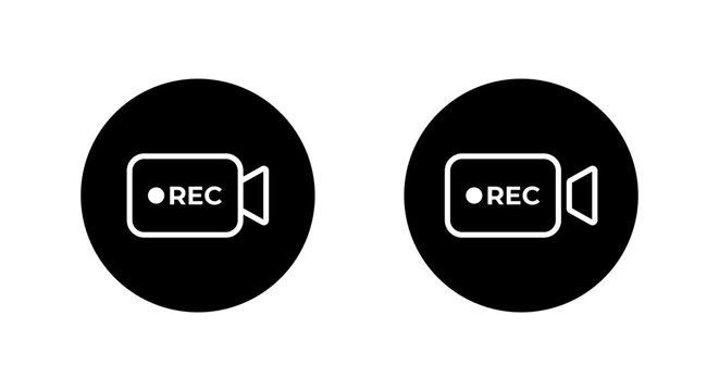 Camera rec outline icon in black circle. Video recording symbol. Live record sign