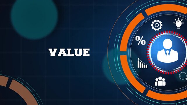 Strategic business value creation and corporate management concept on a high tech digital blue background with glowing icons for professional growth and success