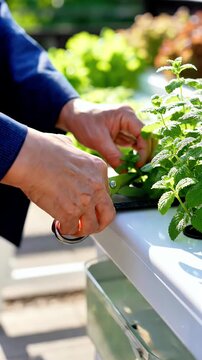 Man tending to a hydroponic garden system with leafy greens and herbs growing in a modern indoor farming setup showcasing sustainable agriculture