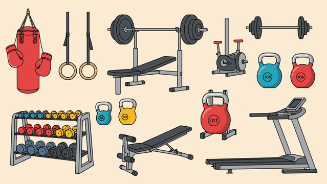 Extensive collection of various gym and fitness equipment, including a punching bag, free weights, bench press, treadmill, and kettlebells, for a complete workout.