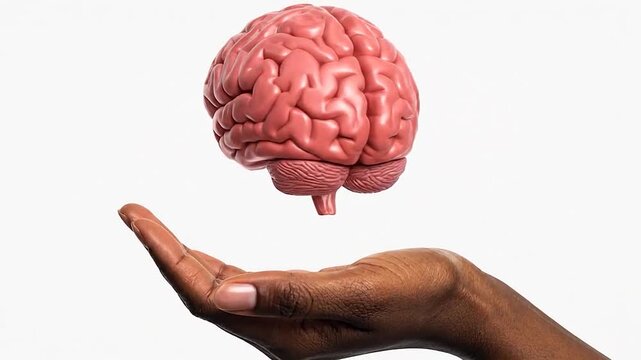 A human hand gently presents a detailed anatomical brain model floating above
