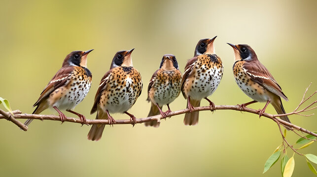 Four Song Thrushes Perched on Branches Symbolizing Nature and Wildlife Conservation, Ornithology, Ecology, Biodiversity