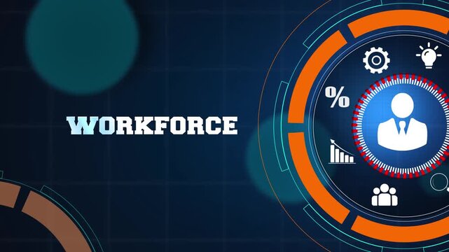 Modern business workforce and leadership management hud background featuring digital icons for professional corporate operations and human resource growth