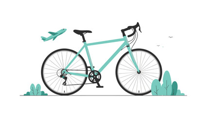 Fototapeta premium Serene illustration depicting a turquoise bicycle with a small airplane flying in the background, symbolizing sustainable travel and eco-friendly transport.