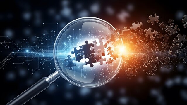 Strategic problem solving and business analytics research. Finding solutions and data discovery. Magnifying glass focusing on blue puzzle pieces connecting together in a digital space