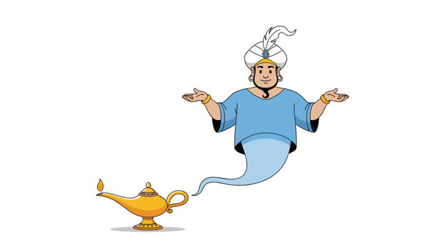 Magical cartoon illustration of a friendly genie emerging from a golden lamp, offering wishes and symbolizing fantasy and dreams.