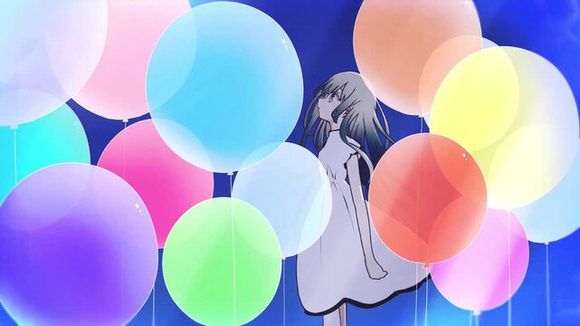 空へ向かうカラフルな風船の中の少女 Relaxing Journey Through Light and Calm