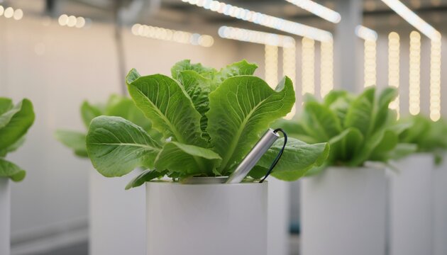 Hydroponic Lettuce Growing in White Pots under LED Lights in Modern Indoor Farm