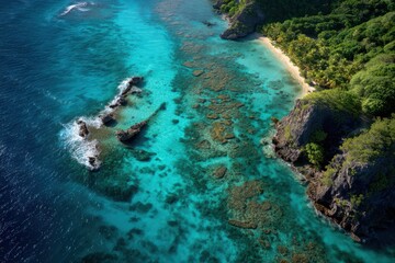 Fototapeta premium Aerial view of a tropical coastline with lush green cliffs and vibrant turquoise coral reefs tropical island