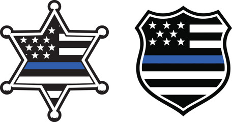Police Badge and Sheriff Star with Thin Blue Line USA Flag Vector