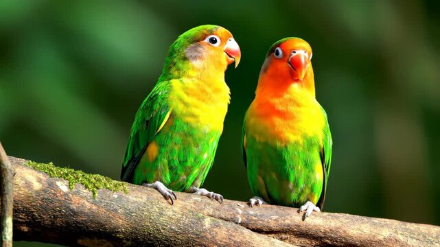Pair of colorful lovebirds perched on a mossy branch outdoors