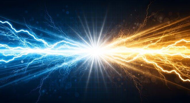 Blue and orange lightning bolts clashing in center. Energy contrast and power struggle concept. Electrical discharge meeting in a bright flash over a technical grid background
