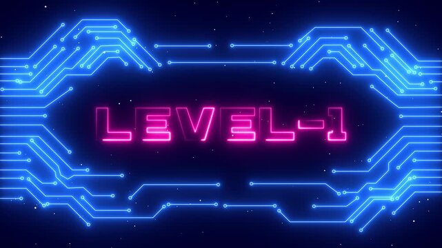 Blue futuristic hud overlay with level 1 text, glowing cyberpunk circuit board frame for gamers, neon digital interface for gaming stream and video.