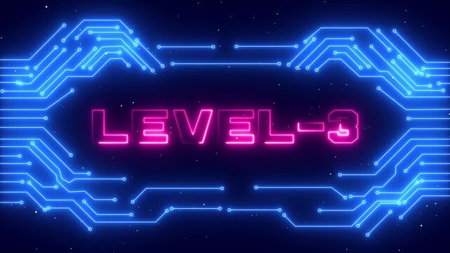 Blue futuristic gaming level 3 overlay with glowing neon lines, cyberpunk progress interface for streamers, digital game level design with tech effect.