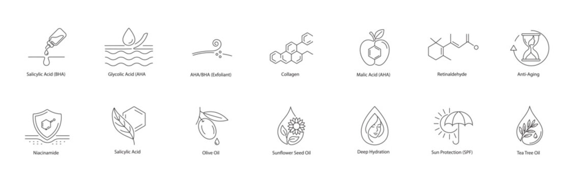 Advanced Exfoliating Acids and Anti-Aging Skincare Formula Vector Icons in Line Art