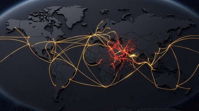 Global Supply Chain Disruption, Middle East Maritime Trade Route Crisis, Shipping Container Logistics Concept
