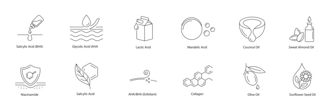 Alpha Hydroxy Acids and Natural Nourishing Skincare Oils Vector Icons Line Art