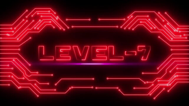 Level 7 Neon Red Circuit Gaming Background Futuristic Cyber Digital Interface Technology Loop 4K Animation
