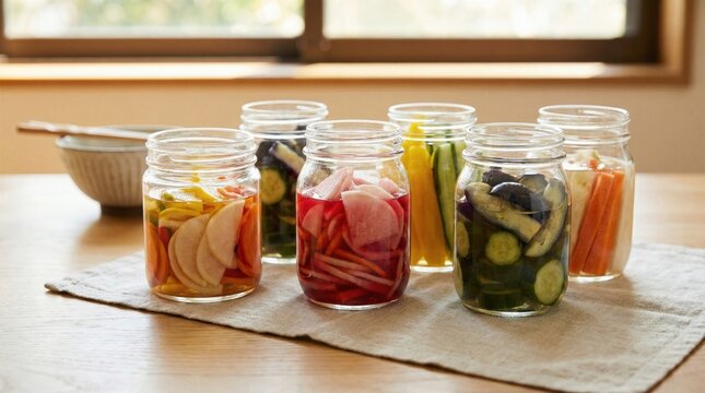 Display of glass bottles lined with colorful preserved and fermented foods/カラフルな保存食・発酵食品が並ぶガラス瓶のディスプレイ
