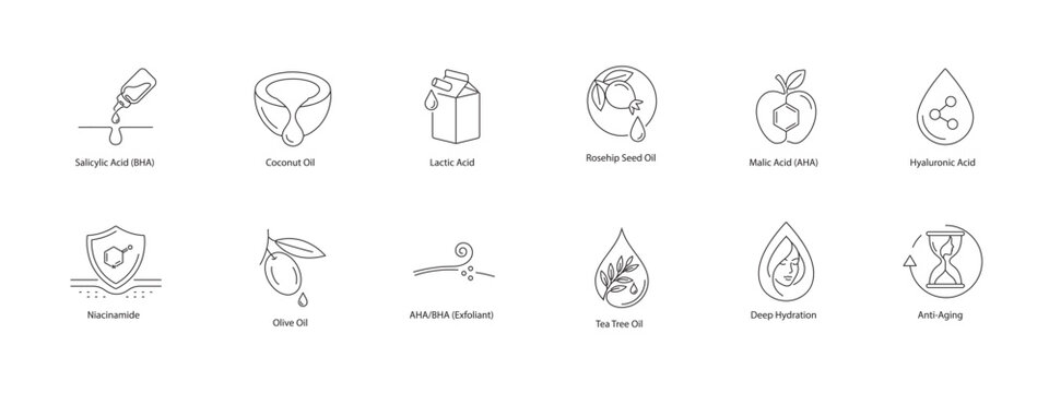 Comprehensive Skincare Ingredients Vector Icons: Exfoliating Acids, Natural Botanical Oils, and Anti-Aging Actives Line Art