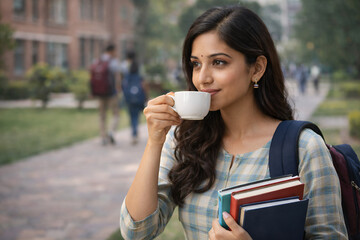 Indian College Student Drinking Coffee on Campus with Books and Backpack
