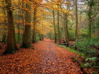 Obraz premium Autumn Forest Path Lined with Trees and Covered in Orange Fallen Leaves image photo