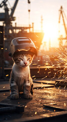 Fototapeta premium Vertical photo of a kitten welder wearing a protective mask and gloves at sunset. Industrial worker cat with welding sparks in a shipyard