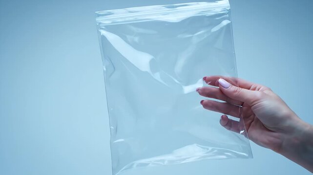 Hand holding an empty, clear plastic zip-lock bag, highlighting its transparent, flexible material ideal for diverse packaging and storage solutions