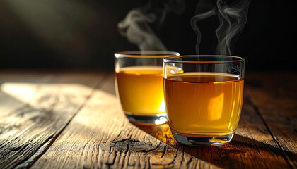Fototapeta premium Two transparent glasses filled with hot tea and rising steam placed on a rustic wooden table.