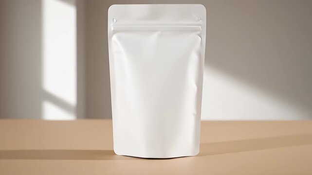 Plain white flexible stand-up pouch on a minimalist background, ready for product label design, suitable for various food, coffee, and non-food items for branding