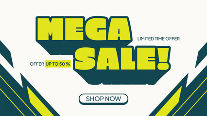 Clean white mega sale banner with bold green typography and dynamic diagonal stripe accents
