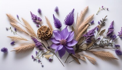 Arrangement Of Purple Flowers And Dried Plants On A Plain White Background In A Decorative Style