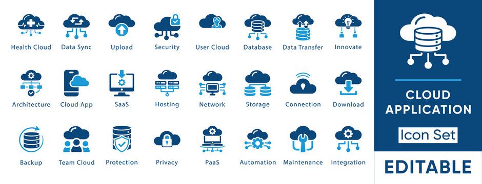 Cloud application icon set. Containing SaaS, PaaS, database, hosting, architecture, automation and more. Solid vector icons collection.